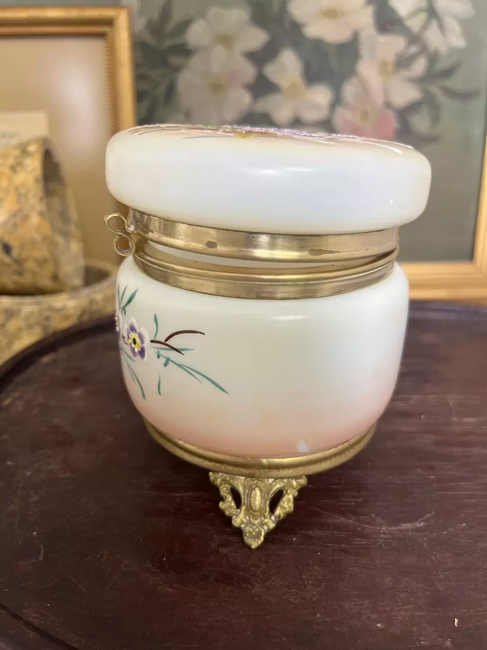 plant/White Opaline and floral enamel painted casket box-3