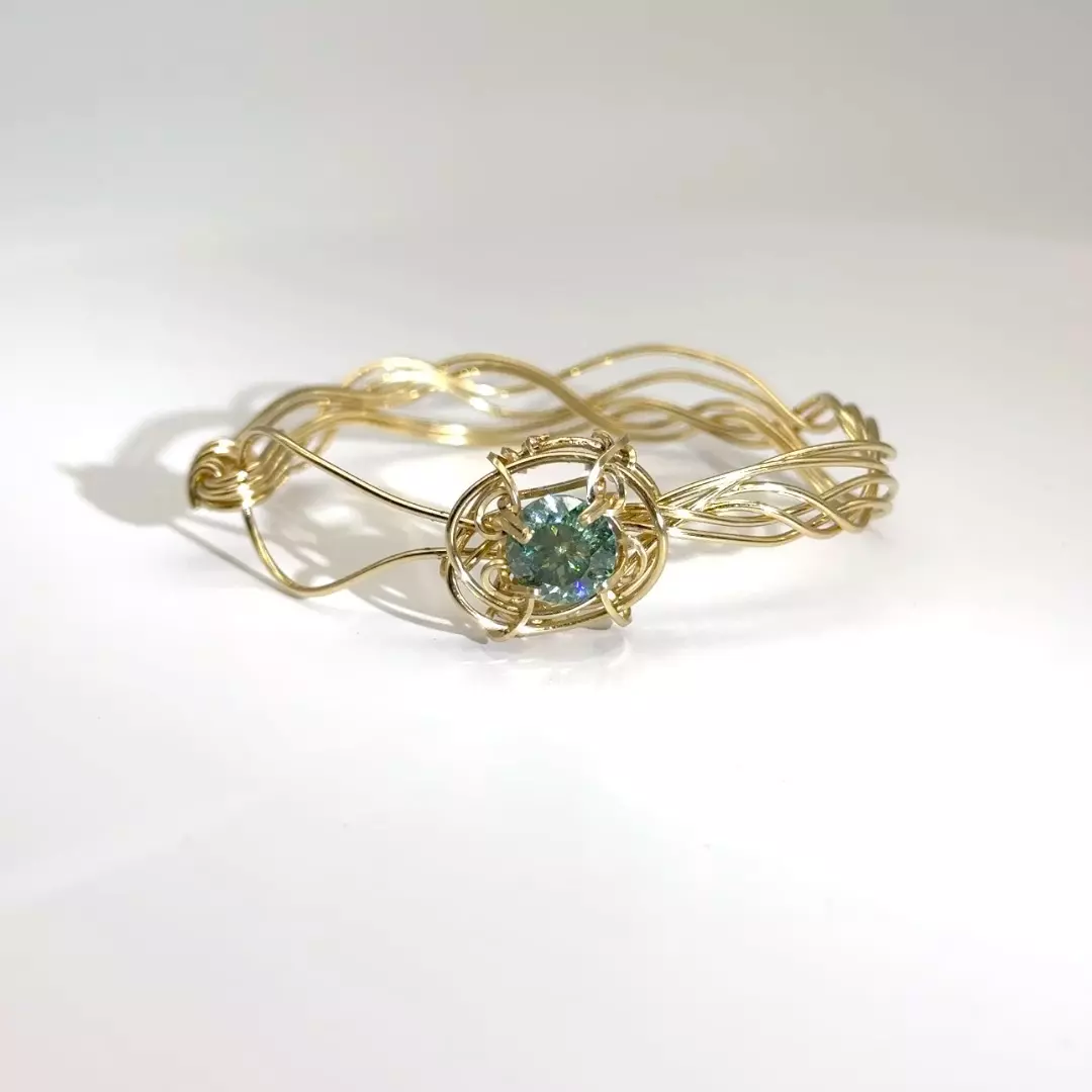 plant/Woven 14K Gold-Filled Cuff Bracelet: Peacock Green Moissanite-3