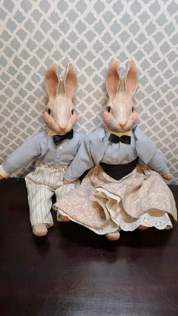plant/Vintage Duncan 17" Ceramic and Fabric Mr & Mrs Rabbits-0
