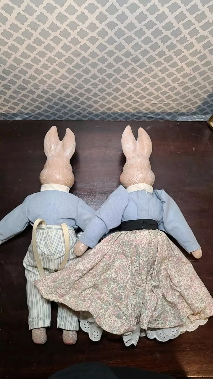 plant/Vintage Duncan 17" Ceramic and Fabric Mr & Mrs Rabbits-1