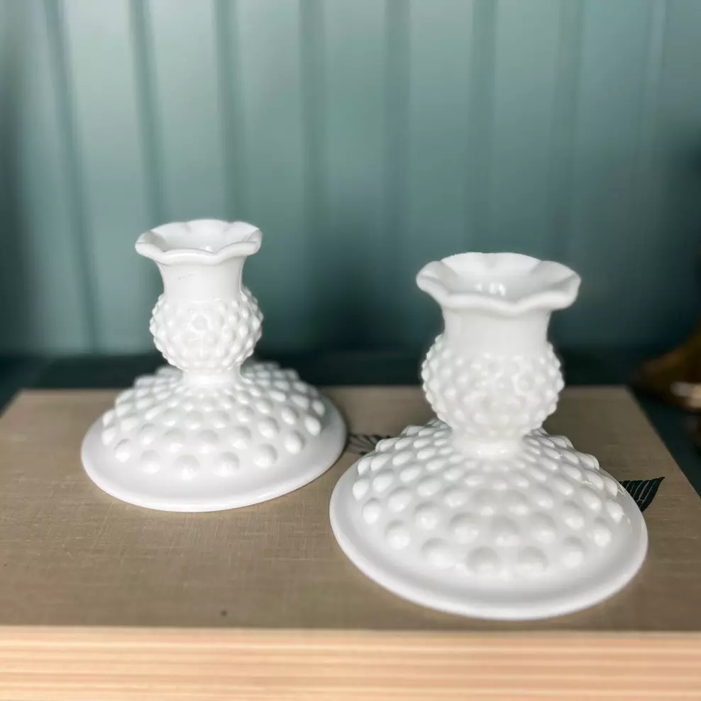 plant/Pair - Hobnail Milk Glass Candlesticks-0