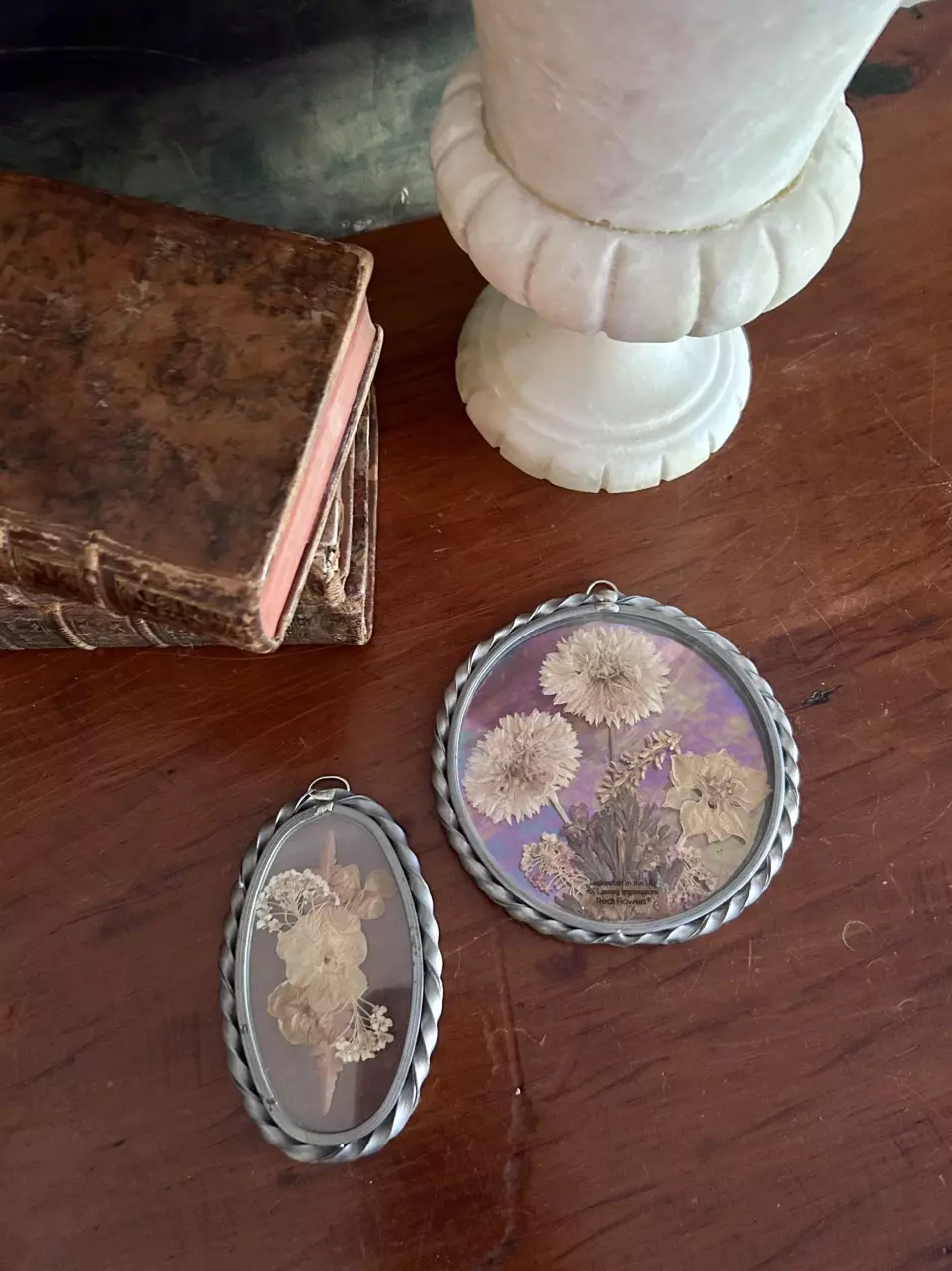 plant/Set of 2 Vintage Dried Florals in twisted pewter frame-0
