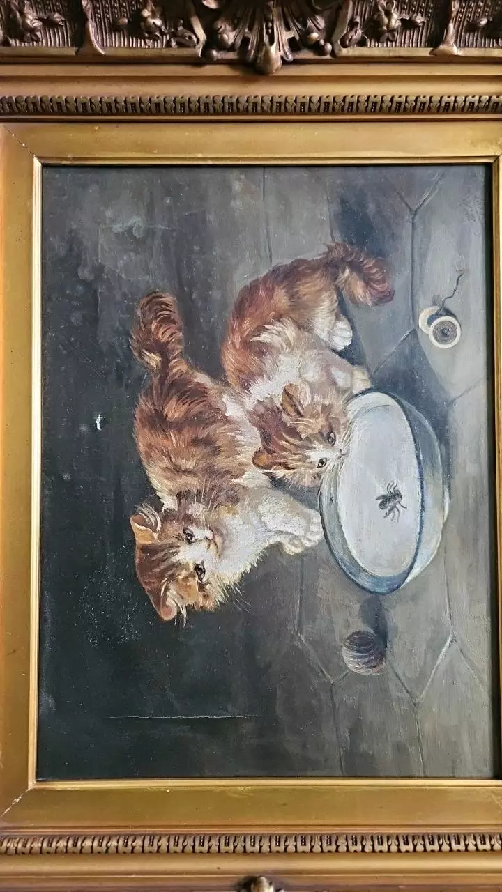 plant/Signed 1907 Kittens and Milk Oil Painting-4