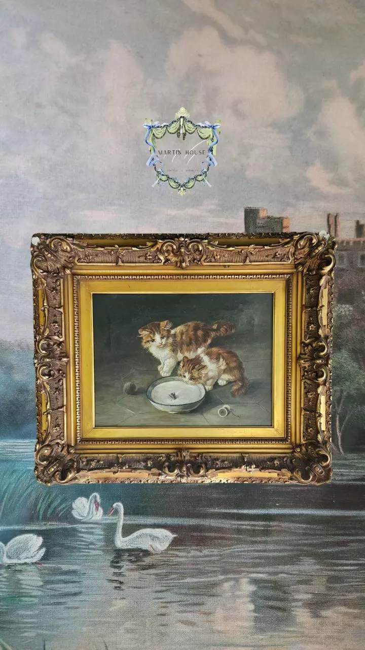 plant/Signed 1907 Kittens and Milk Oil Painting-0