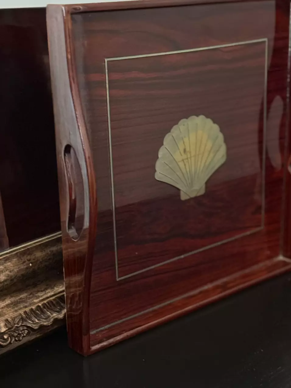 plant/Rosewood-Style Tray with Brass Shell Inlay – Made in Korea-1