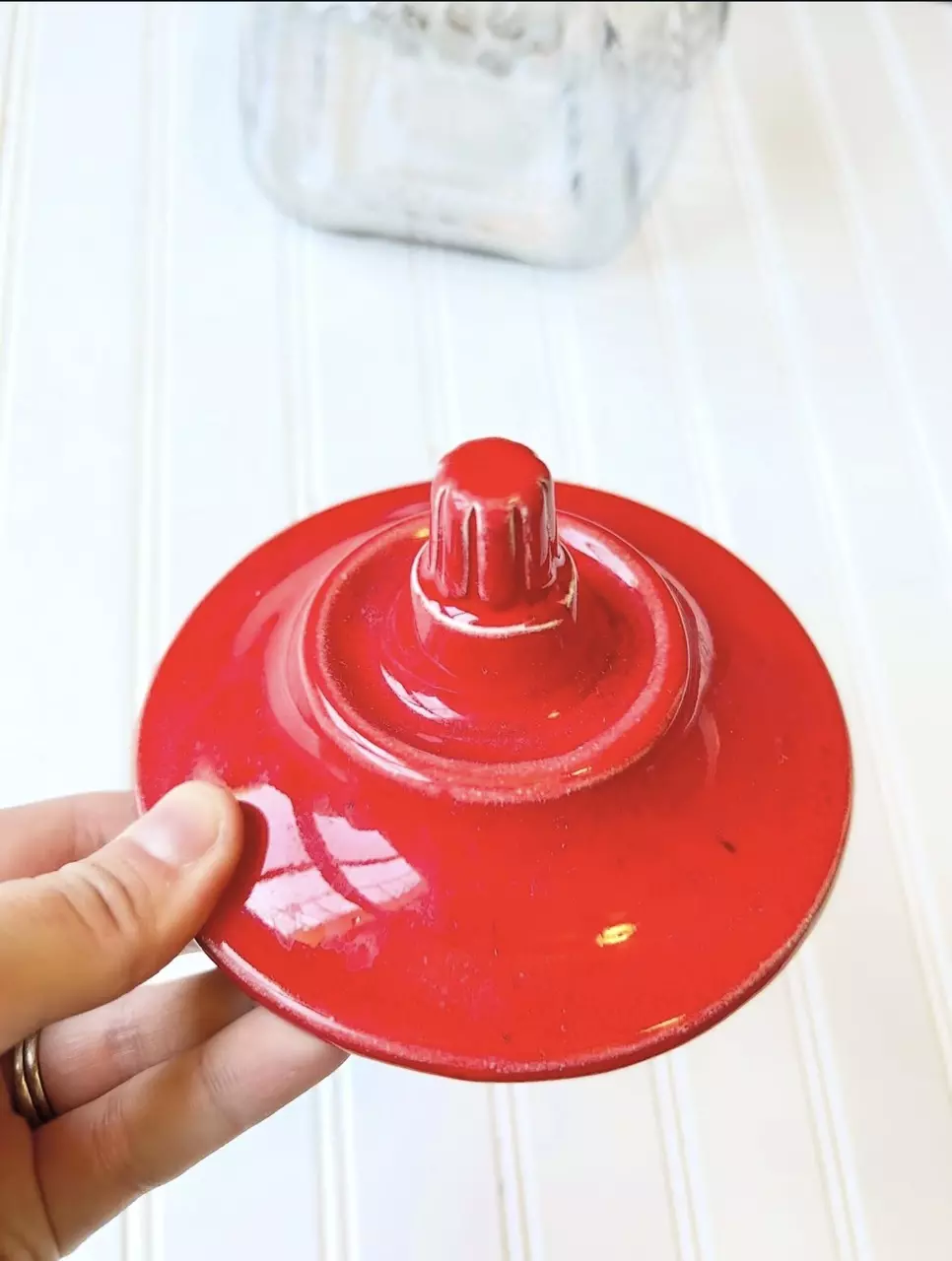 plant/Vintage glass jar with red ceramic lid 8 1/2" tall x 5" diameter (lid just sits)-3