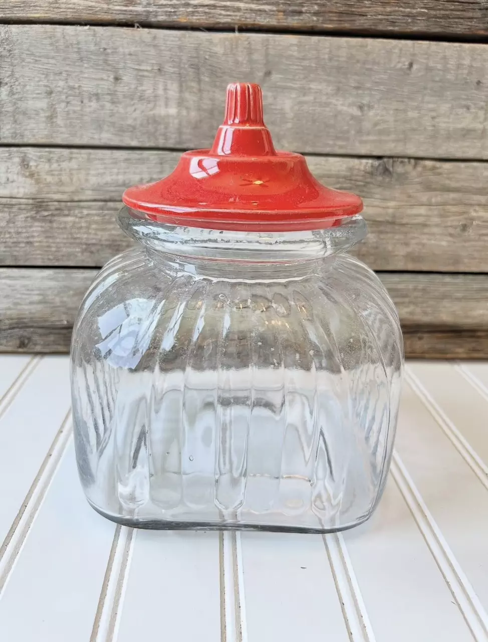 plant/Vintage glass jar with red ceramic lid 8 1/2" tall x 5" diameter (lid just sits)-0