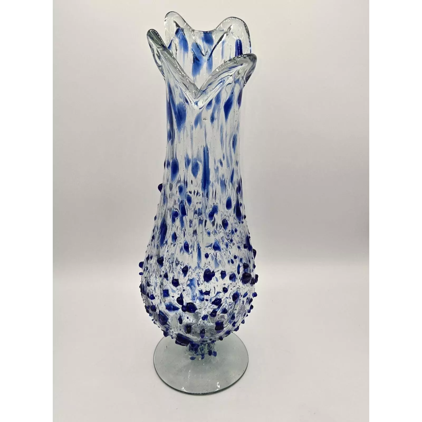 plant/Mexico Swung Art Glass Vase Blue Confetti Hand Blown 15"-0