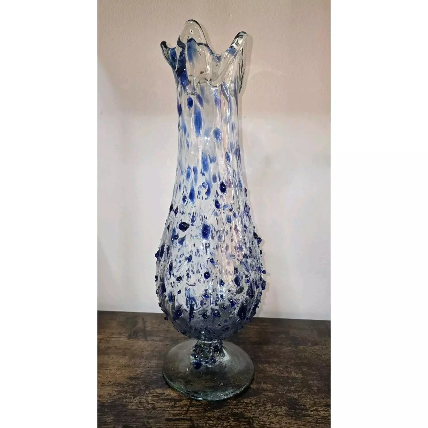 plant/Mexico Swung Art Glass Vase Blue Confetti Hand Blown 15"-9