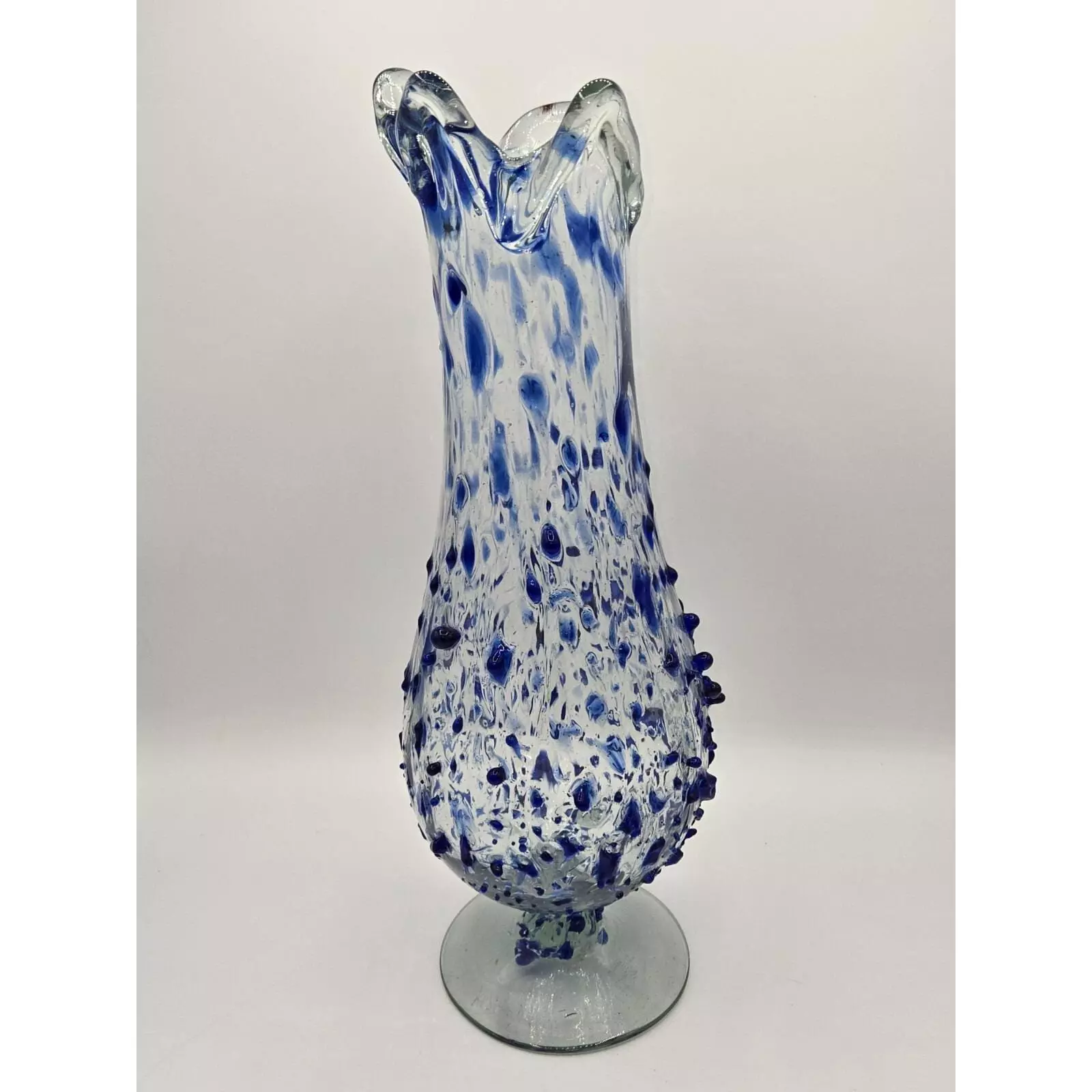 plant/Mexico Swung Art Glass Vase Blue Confetti Hand Blown 15"-1