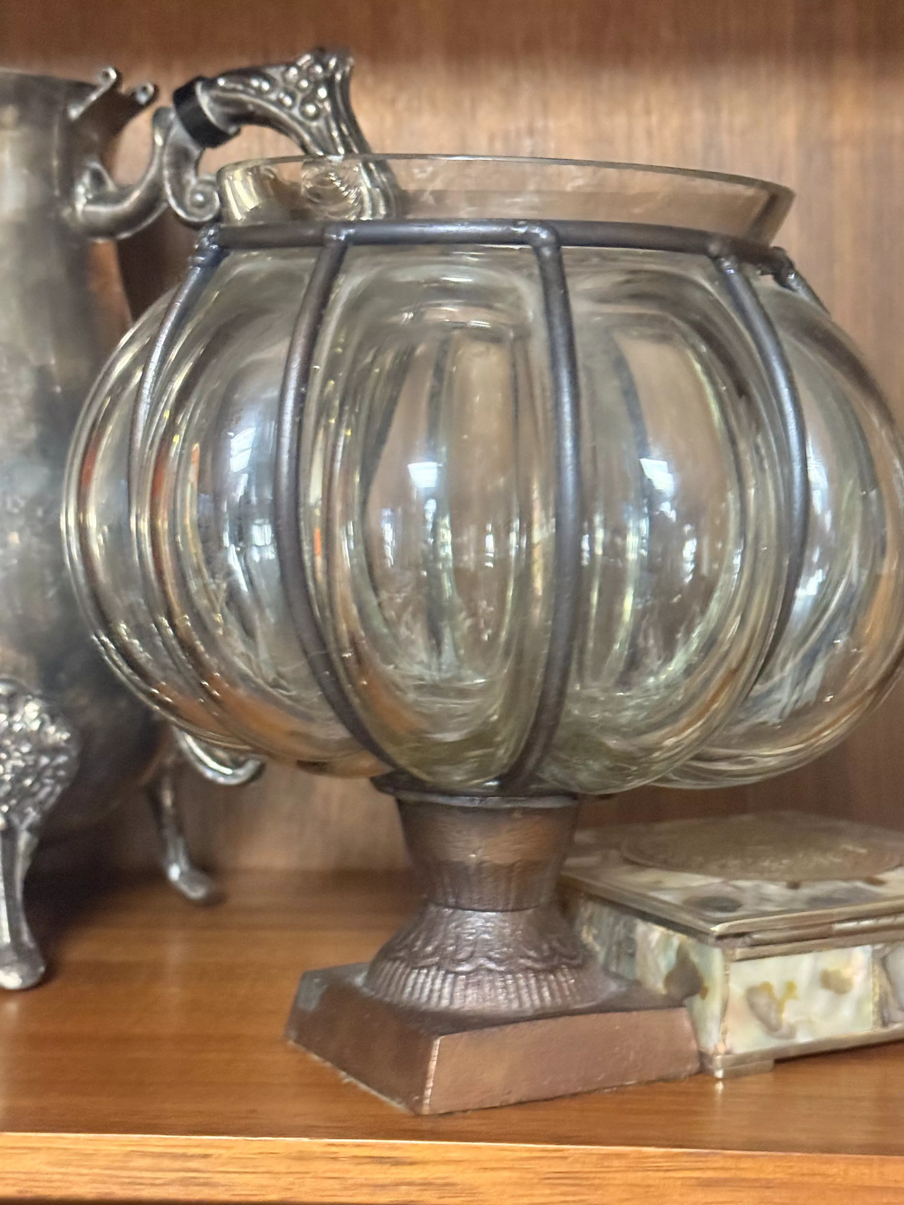 plant/Caged Bubble Glass Bowl on Metal Pedestal Blown glass-0