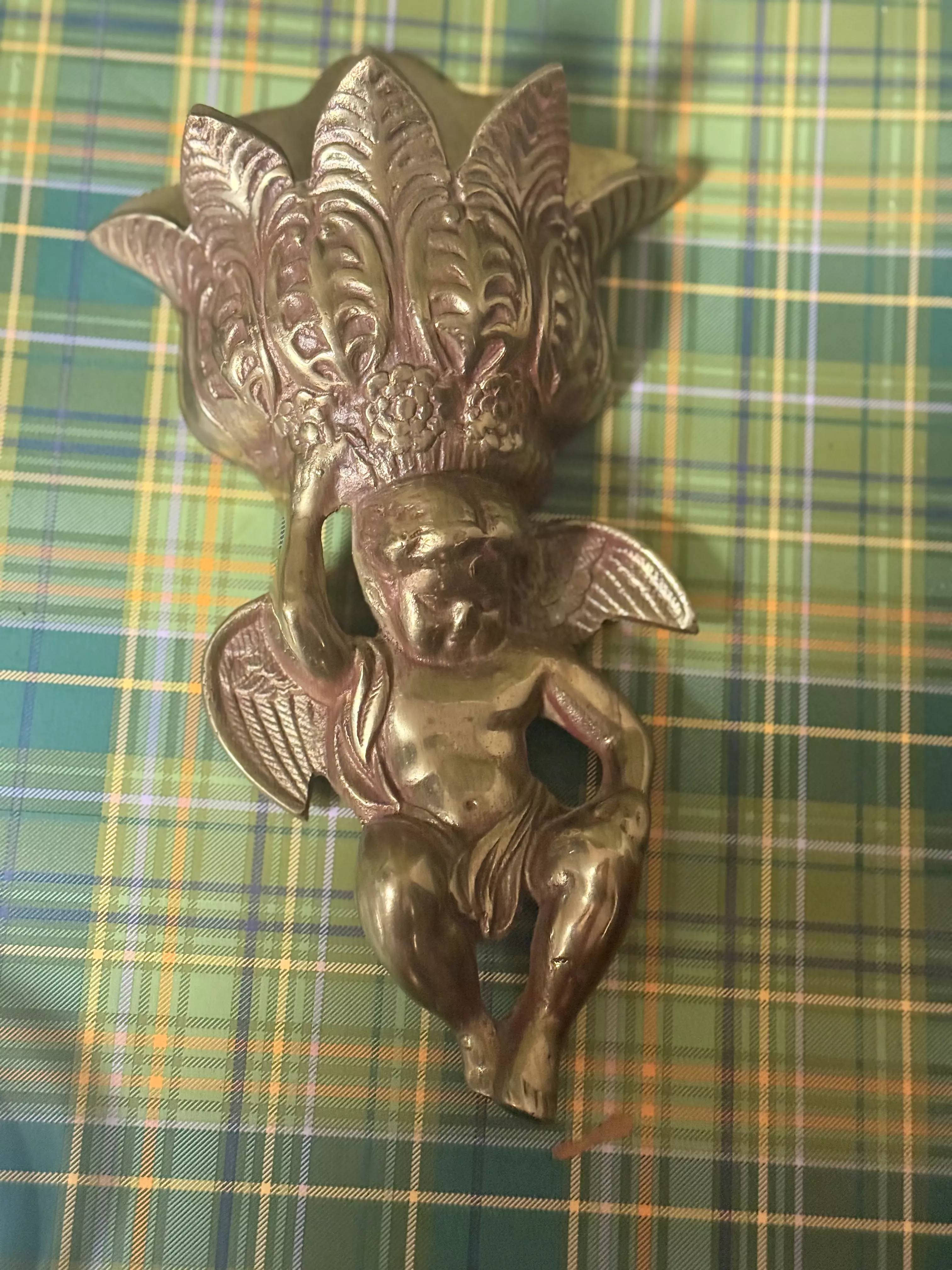 plant/Vintage Brass Wall Pocket /Planter Cherub /Angel-0