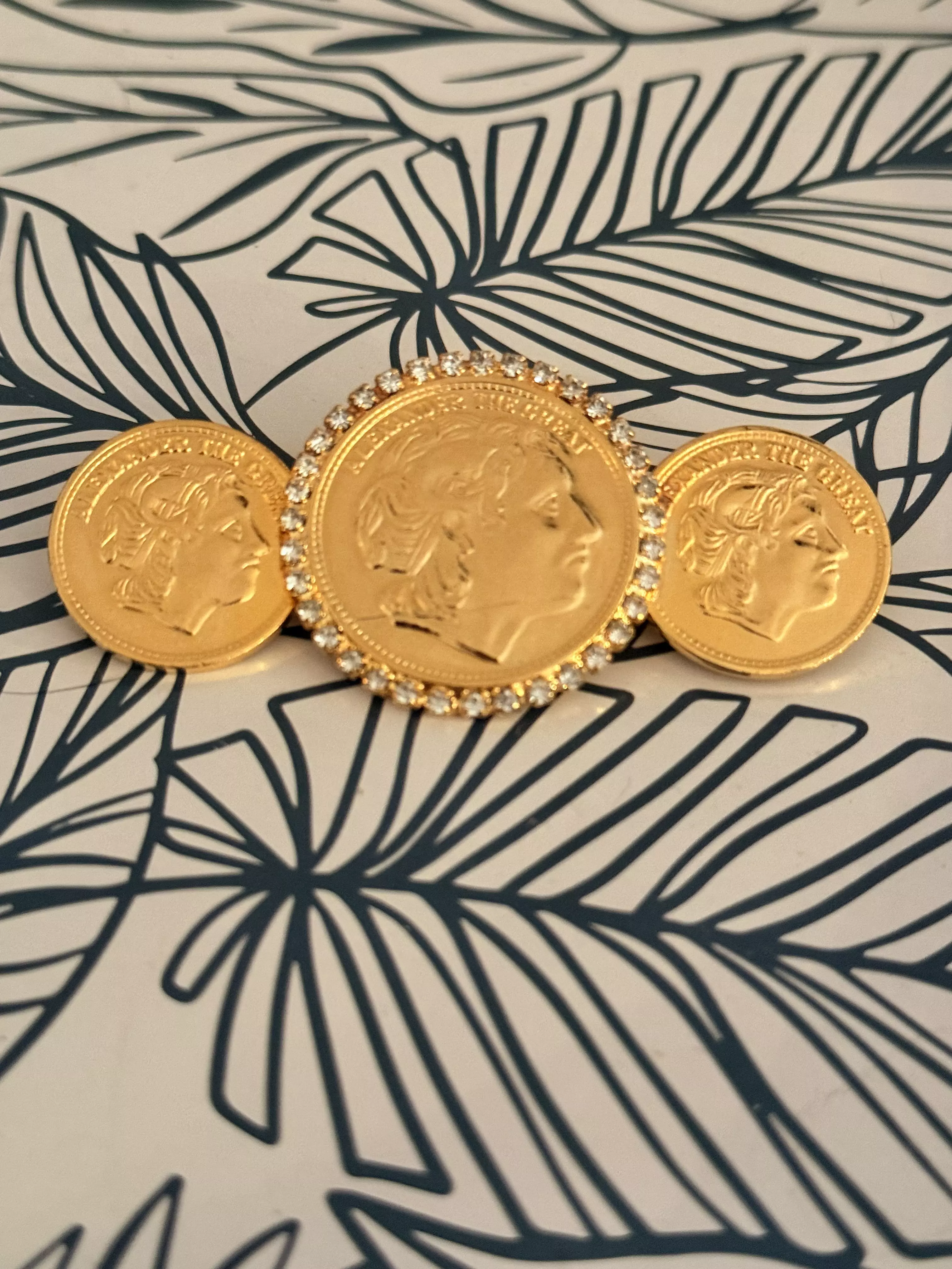 plant/12.Coins Rhinestone Gold tone pin brooch-0