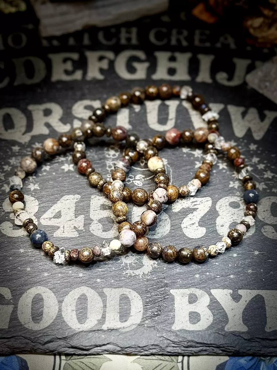 plant/Pietersite, Bronzite, and Herkimer diamond bracelet-0