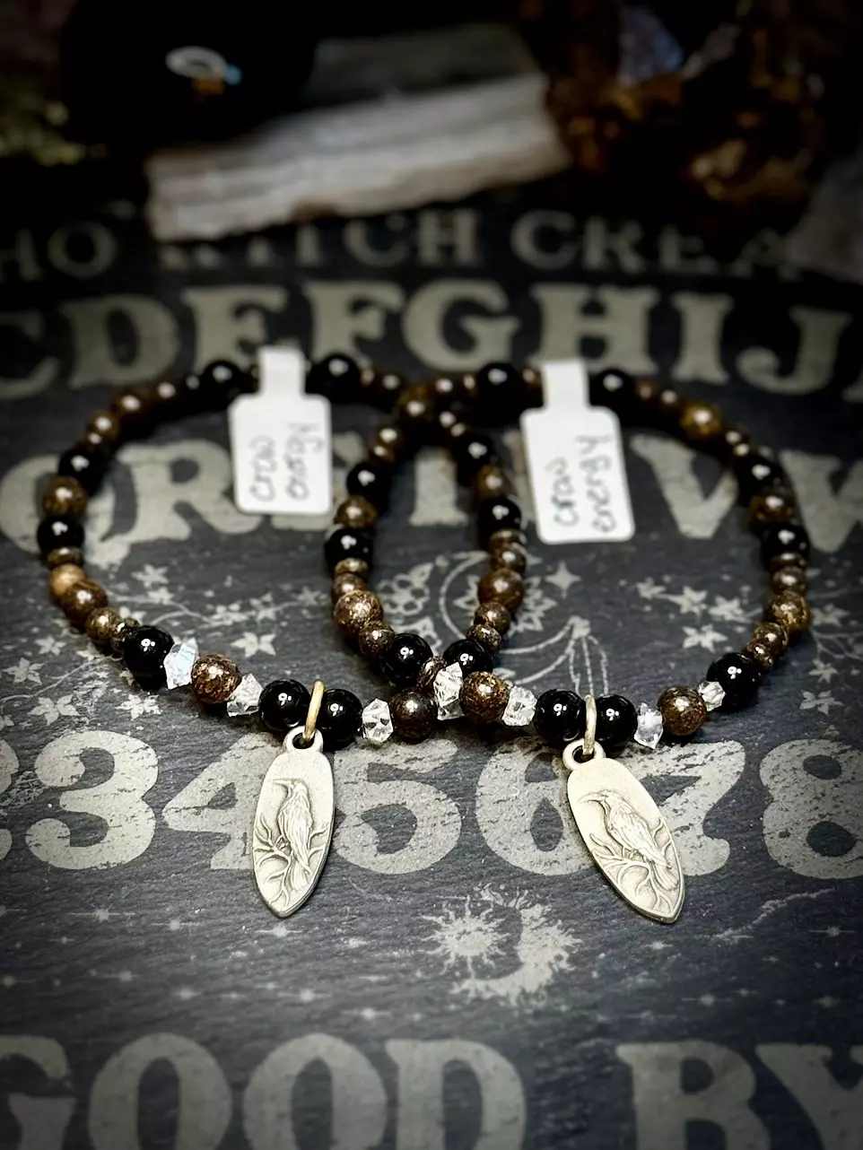 plant/Crow energy bracelet, Bronzite, black tourmaline, and Herkimer diamond-0