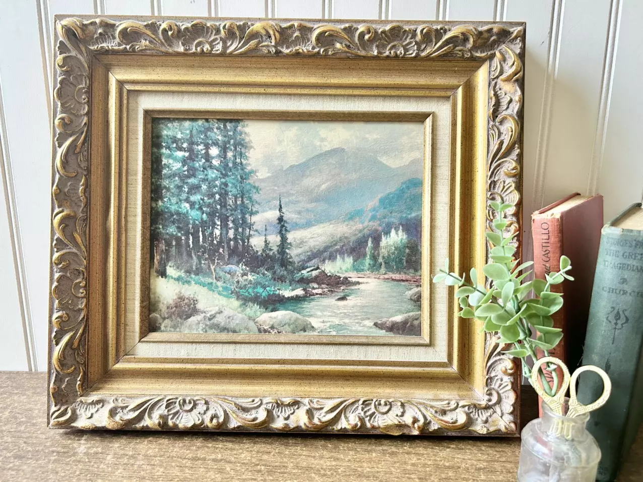 plant/Vintage landscape print in ornate wood and linen gold frame-0