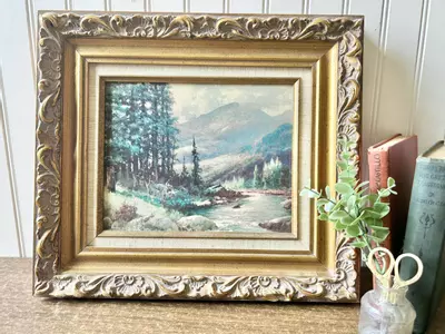 plant/Vintage landscape print in ornate wood and linen gold frame-0-thumbnail