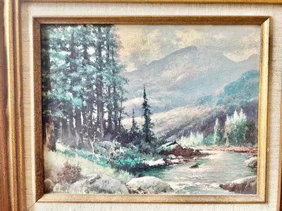 plant/Vintage landscape print in ornate wood and linen gold frame-3-thumbnail