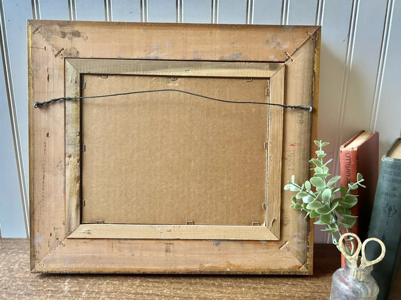 plant/Vintage landscape print in ornate wood and linen gold frame-4