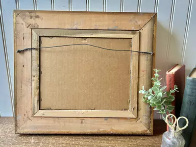 plant/Vintage landscape print in ornate wood and linen gold frame-4-thumbnail