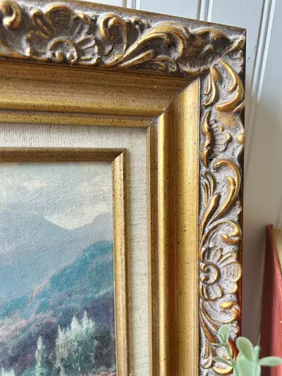 plant/Vintage landscape print in ornate wood and linen gold frame-1-thumbnail