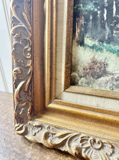 plant/Vintage landscape print in ornate wood and linen gold frame-2-thumbnail