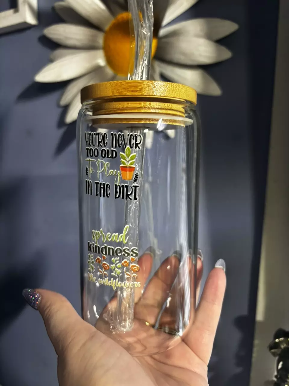 plant/Plant embellished 16oz Glass with bamboo lid, straw and gift box included-1