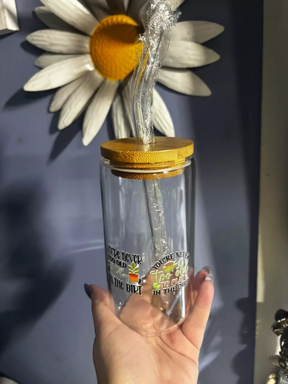 plant/Plant embellished 16oz Glass with bamboo lid, straw and gift box included-4