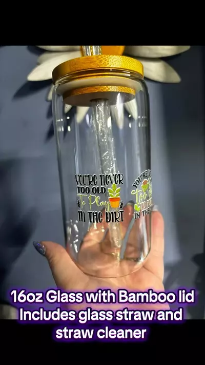 plant/Plant embellished 16oz Glass with bamboo lid, straw and gift box included-0-thumbnail