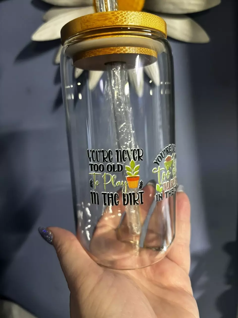 plant/Plant embellished 16oz Glass with bamboo lid, straw and gift box included-1