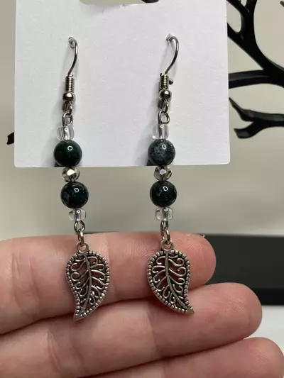 plant/Moss Agate Beaded Earrings Plant lover gift-0-thumbnail