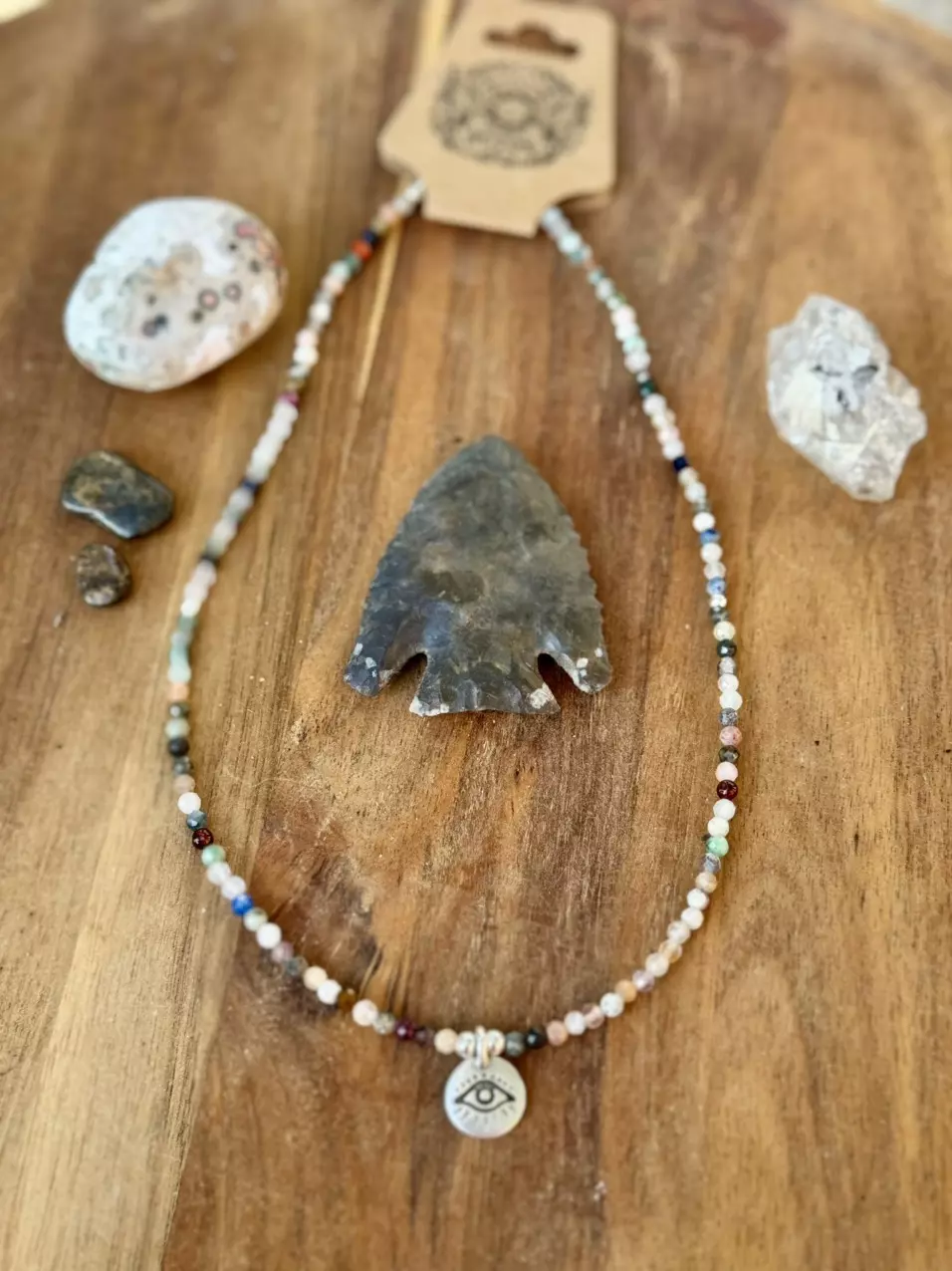 plant/faceted mix stone w/evil eye charm necklace 16”-1