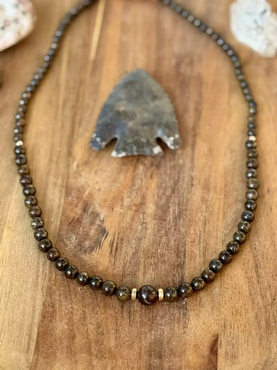 plant/bronzite graduated necklace w/gold accents 19.5”-0