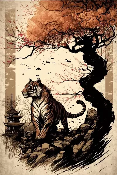 plant/Bonsai Backdrop Art Piece Tiger under Bonsai 8”x10”-0-thumbnail