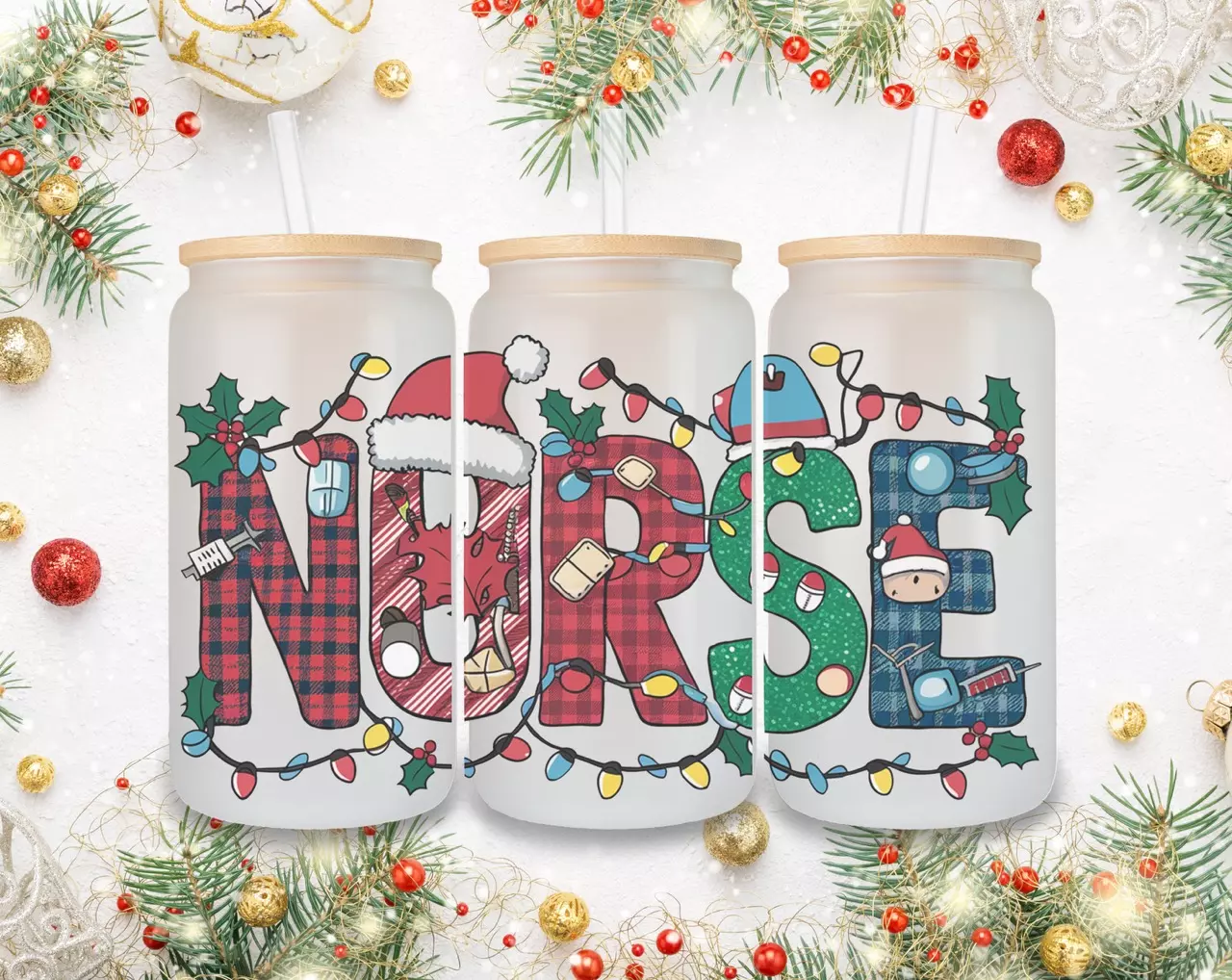 plant/Christmas nurse cup with topper and straw Handmade-0