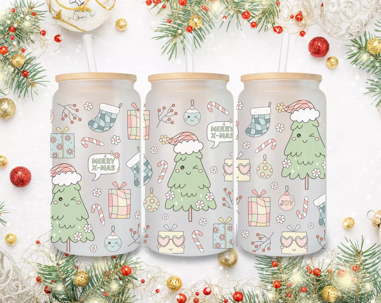 plant/Handmade Christmas elements cup with straw straw topper-0