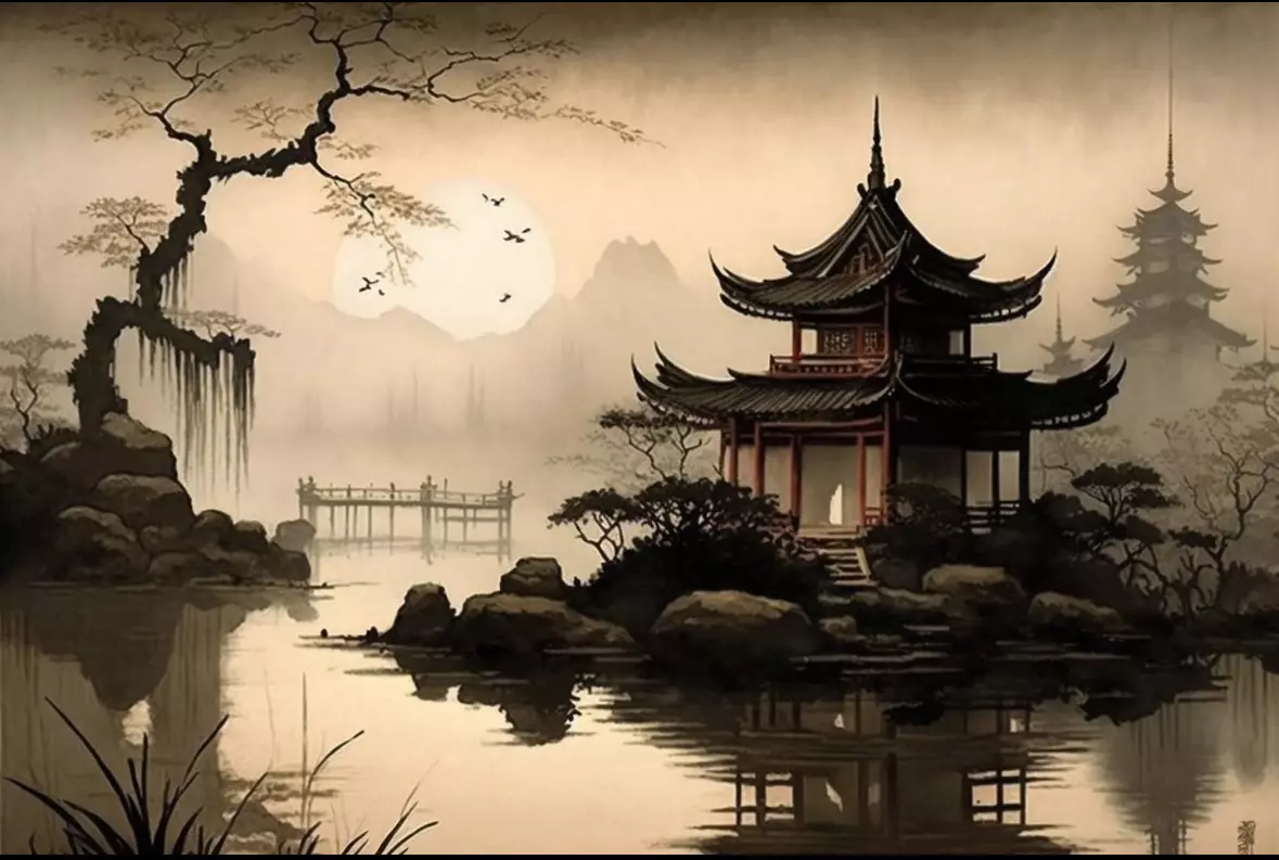 plant/Bonsai Backdrop Art Piece Pagoda on Lake 8”x10”-0