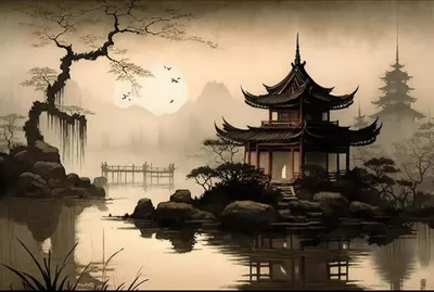 plant/Bonsai Backdrop Art Piece Pagoda on Lake 8”x10”-0-thumbnail