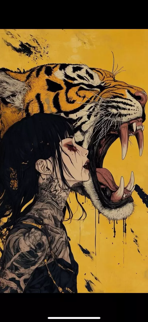 plant/Bonsai Backdrop Art Piece Oriental women and Tiger 8”X10”-0