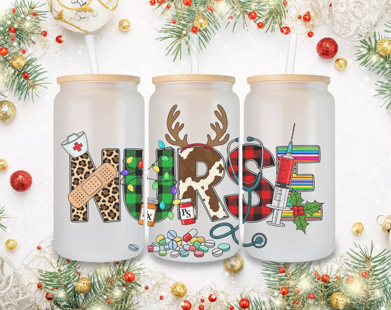 plant/Handmade nurse Christmas cup with straw straw topper-0