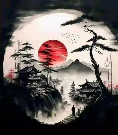 plant/Bonsai Backdrop Sunset over Japanese village 8”x10” canvas-0-thumbnail