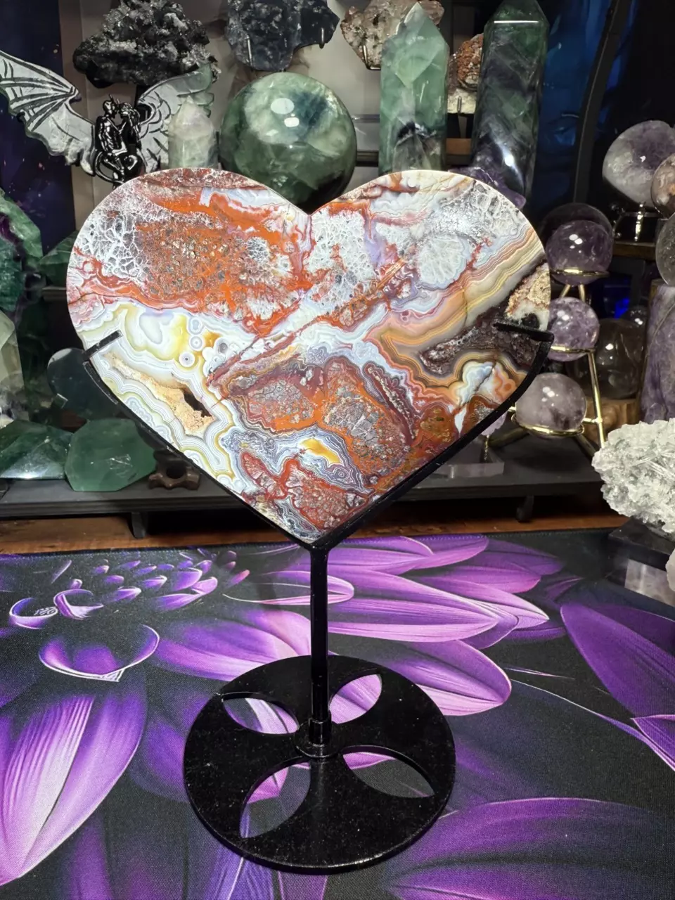 plant/Hand carved Crazy Lace Agate Heart w/custom holder-1