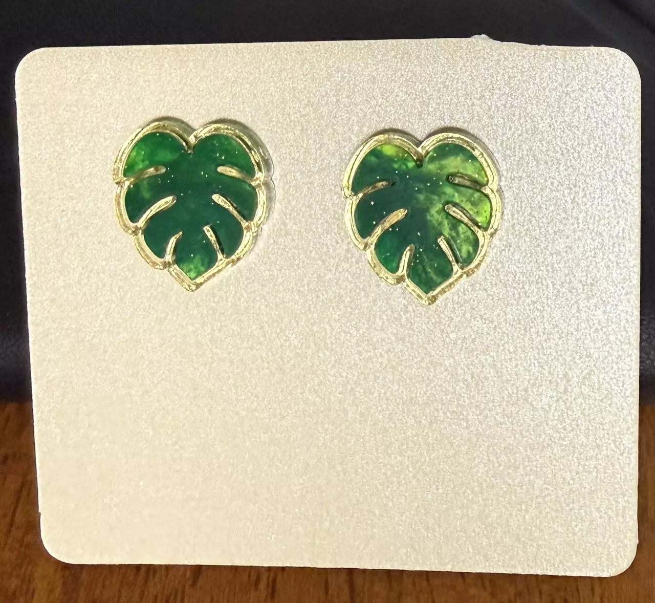 plant/Two-tone Gold and Pearlescent Green Monstera Stud Earrings-0