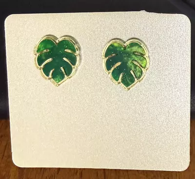plant/Two-tone Gold and Pearlescent Green Monstera Stud Earrings-0-thumbnail