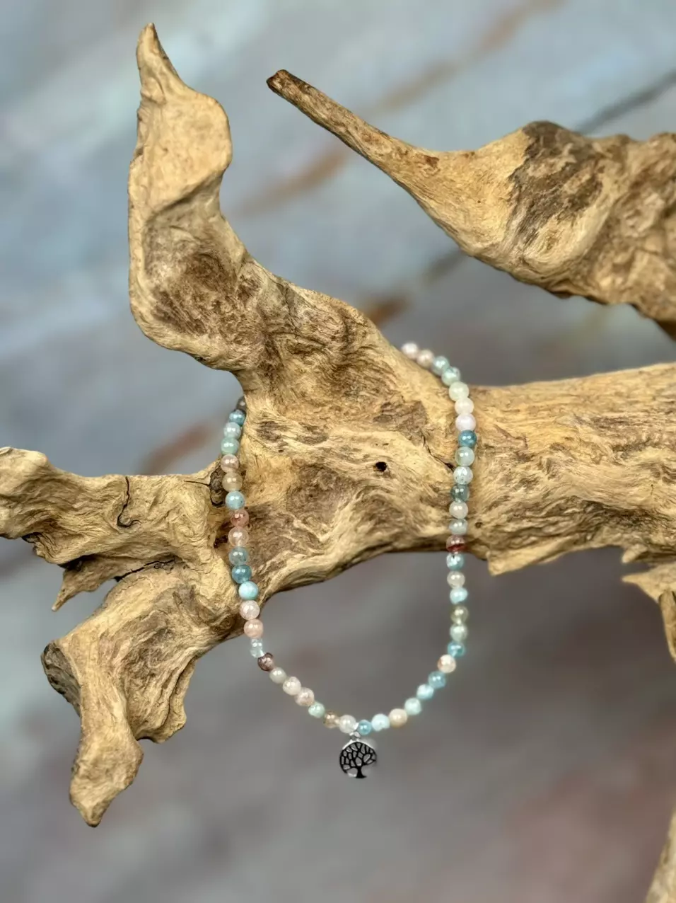 plant/morganite anklet 4mm w/silver tree of life accent (handmade)-0