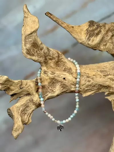 plant/morganite anklet 4mm w/silver tree of life accent (handmade)-0-thumbnail