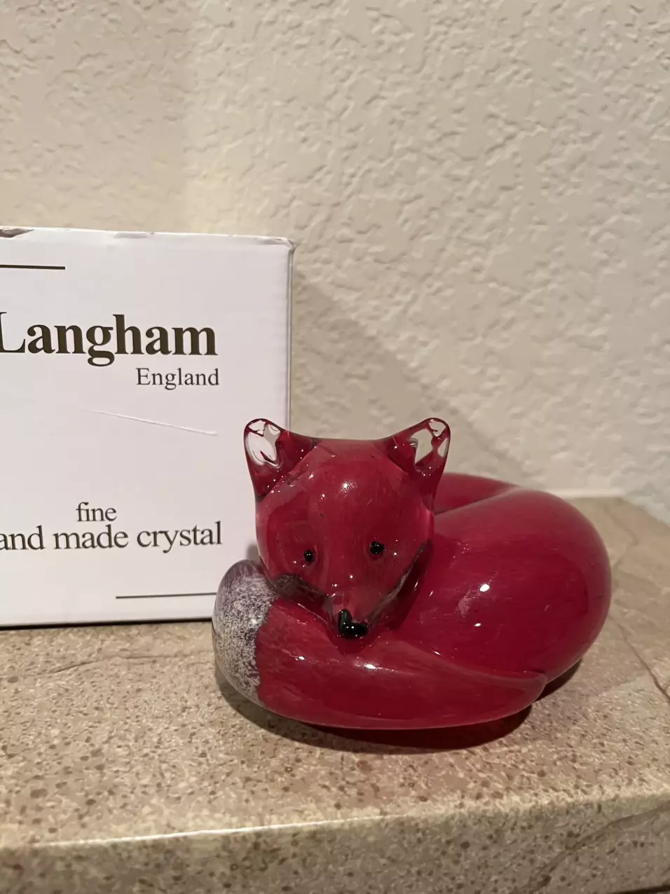plant/CRANBERRY RED FOX AT REST Langham Art CRYSTAL Glass Figurine England Firefox-6