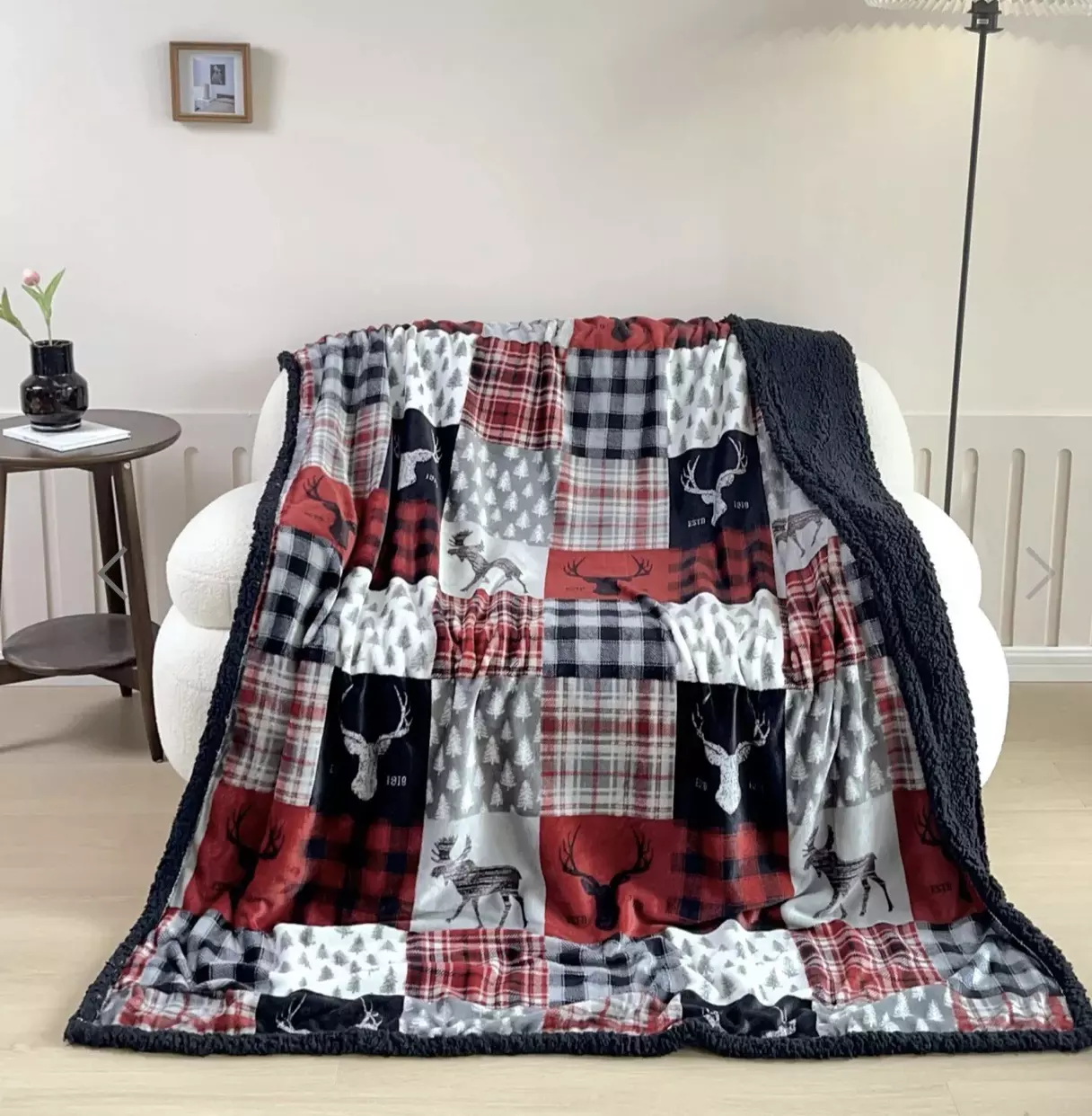 plant/Patchwork Lodge Silk Touch Sherpa Throw Blanket 60x80Inches-4