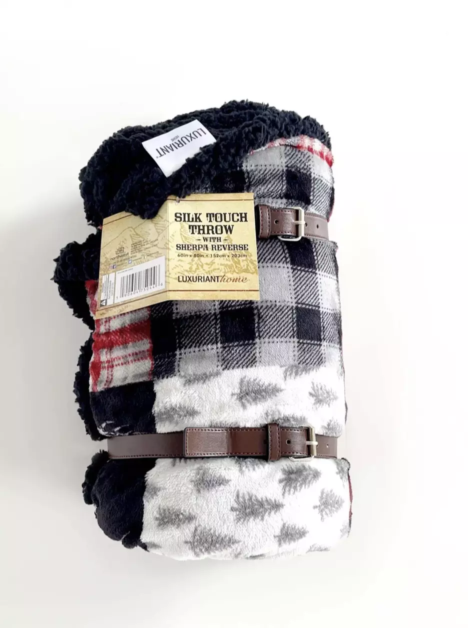 plant/Patchwork Lodge Silk Touch Sherpa Throw Blanket 60x80Inches-1