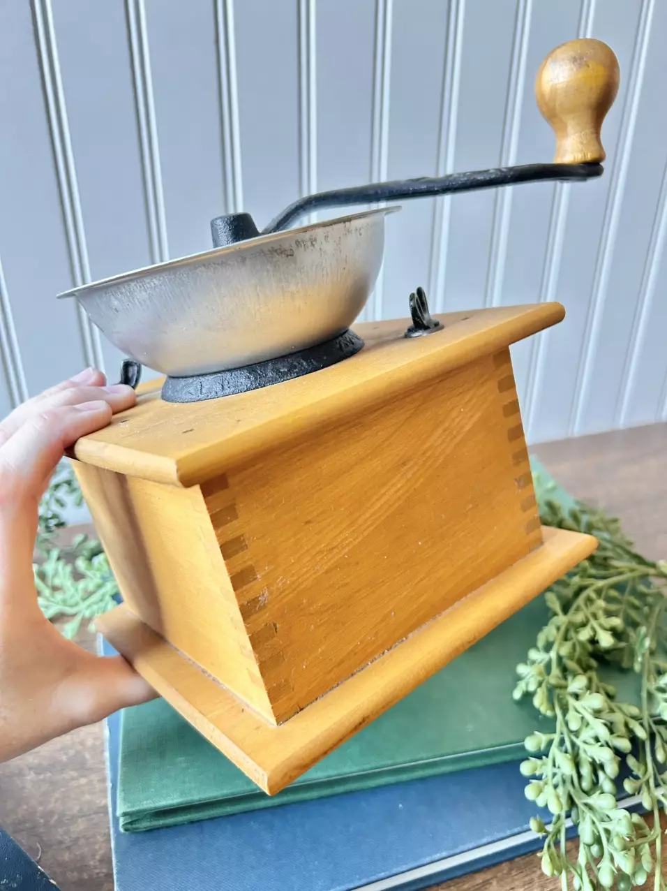 plant/Vintage “American Coffee Mill” wood and cast iron coffee grinder with drawer-4